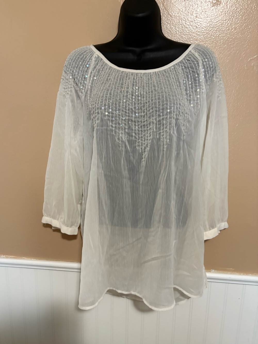 Chico’s Size 1 (Medium) White Blouse Beaded Detail Preowned